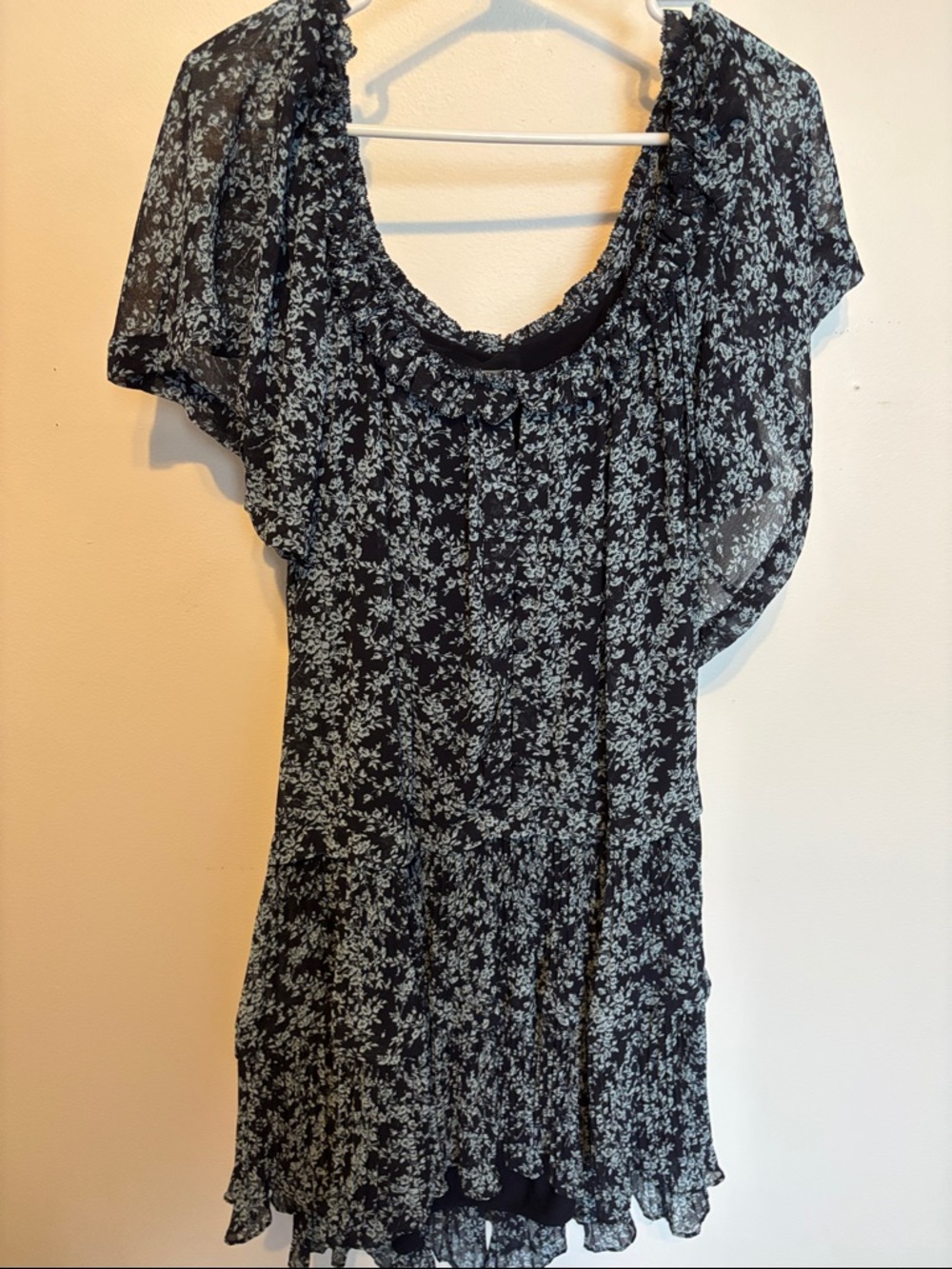 Anthropologie Black Mini Dress with Light Blue Floral Print